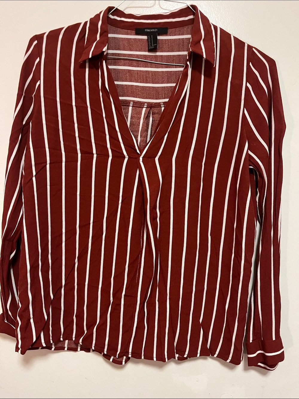 Forever 21 Burgundy and White Striped Collared V-Neck Shirt
